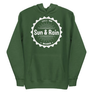 Sun and Rain Works forest green hoodie with white logo